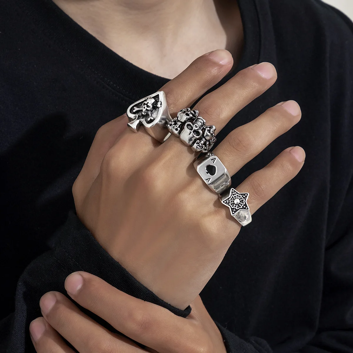 

Punk New Rings for WoMen Vintage Rings Personalized Retro Skull Spade A Five Pointed Star Design Men's Ring Four Piece Set byx