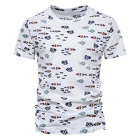 new Fish Printed Summer 100% Cotton Men's T-shirts Slim Short Sleeve O-neck Tops Tees Shirts for Men Hawaii Men Clothing