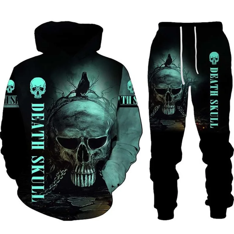 Autumn Winter Men Tracksuit Sets Skulls Letter Printed Hoodie Outfit Hip HOP Clothing Sweatshirts Pants 2Piece Hooded Sport Suit