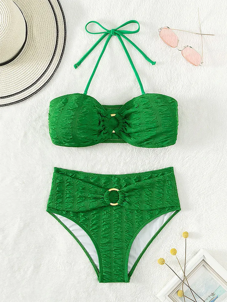 

2023 Sexy Green Crinkle Textured Women High Waist Swimsuit Bandeau Bikini Set Halter Swimwear Lady Bathing Suit Swim Beach Wear