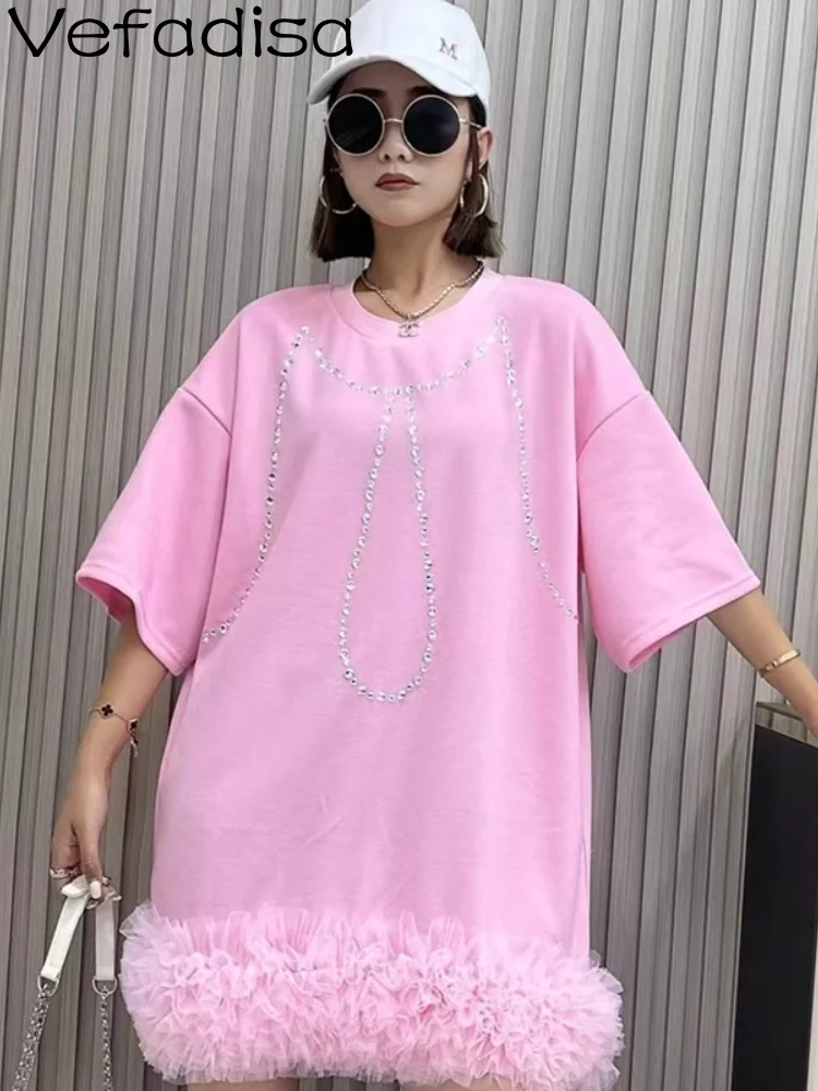 

Новинка 2023, модная женская футболка Vefadisa с круглым вырезом, индивидуальная Женская Повседневная модная белая розовая футболка ZY1830