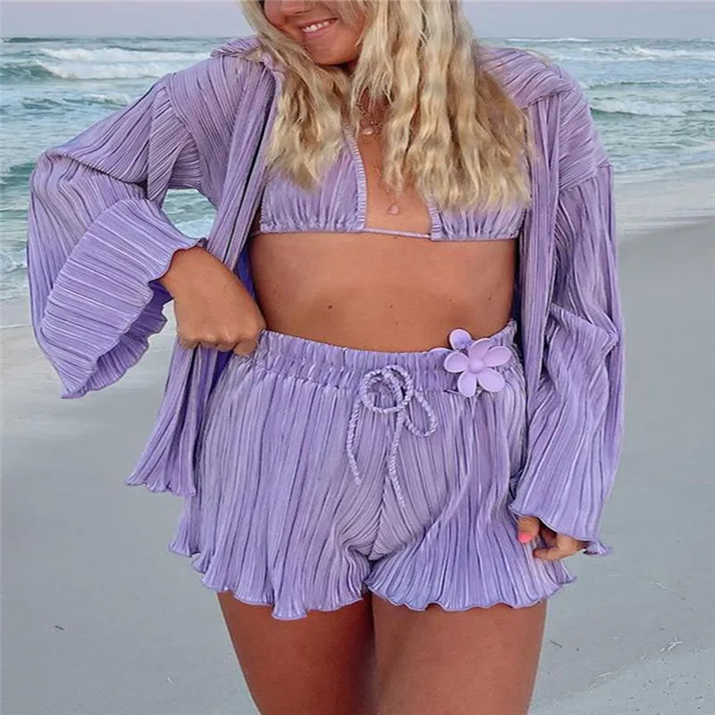 

3PCS Women Casual Short Set Summer Beach Loose Solid Ruched Textured Long Sleeve Shirt Bra with Elastic Waist Shorts Outfits