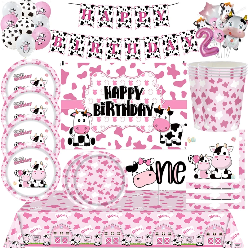 Pink Cow Disposable Party Tableware Birthday Party Decor Cow Print Table Cover Balloon Cow Farm Kid Baby Shower Party Supplies
