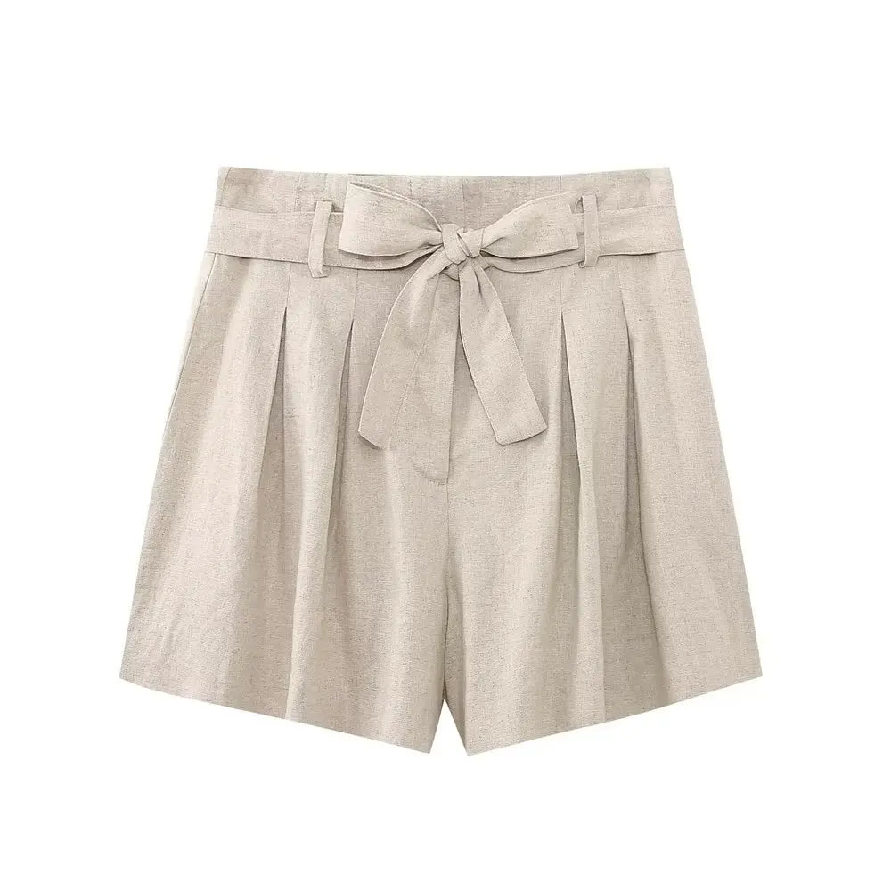 Dave&Di French Country Linen Beige Lounge  Loose Shorts Belted Ladies Bermuda Women