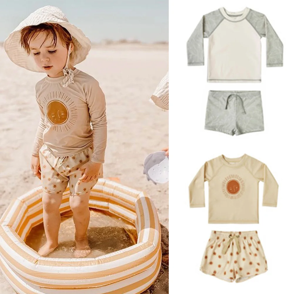 

Summer Baby Boys Swimming Wear with Hat Long Sleeve Kids Separate Swimsuit Shorts Suit for Child's Bathing Quick Drying Swimwear