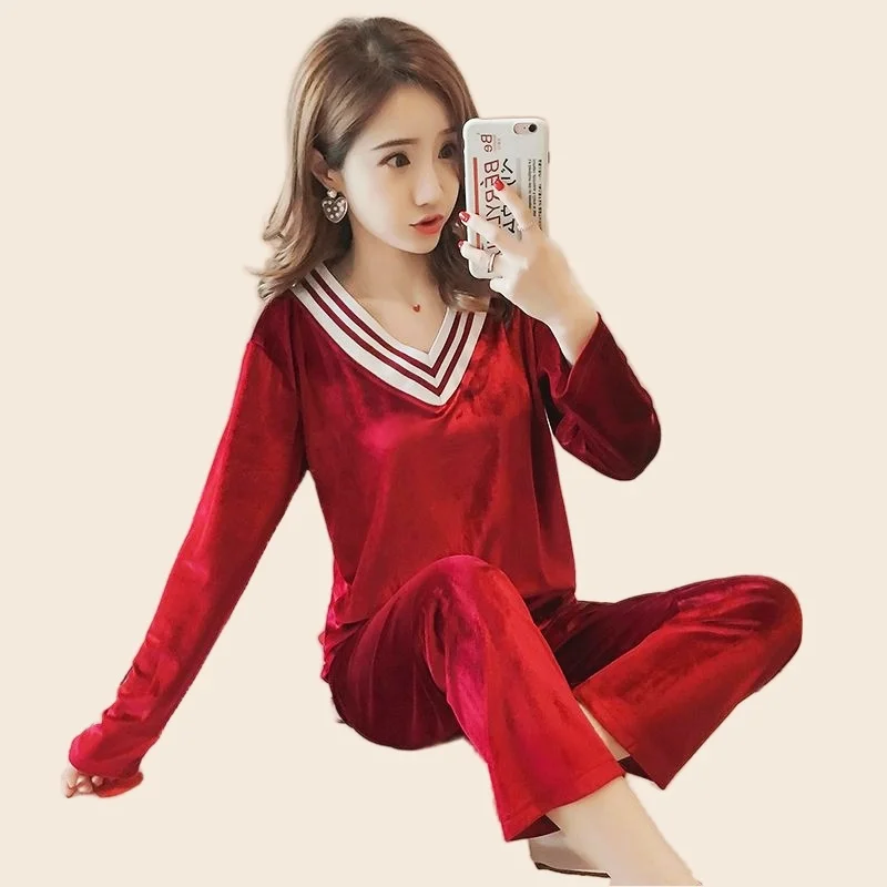 Velvet Pajamas Set Full Sleeve T-shirt Long Pants 2Piece/Set Soft Pyjama Big Size Mom Sexy V-Neck Homewear Cozy Plus Sleepwear