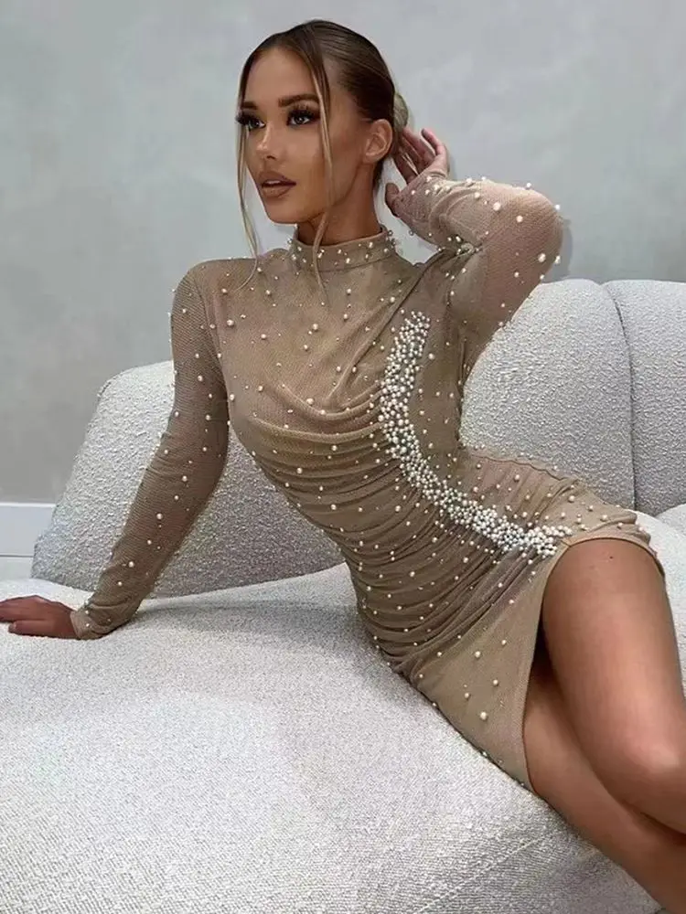

2023 Summer New Women'S Sexy Long-Sleeved Mesh O-Neck Draped Beaded Bodycon Celebrity Club Party Mini Dress Vestidos