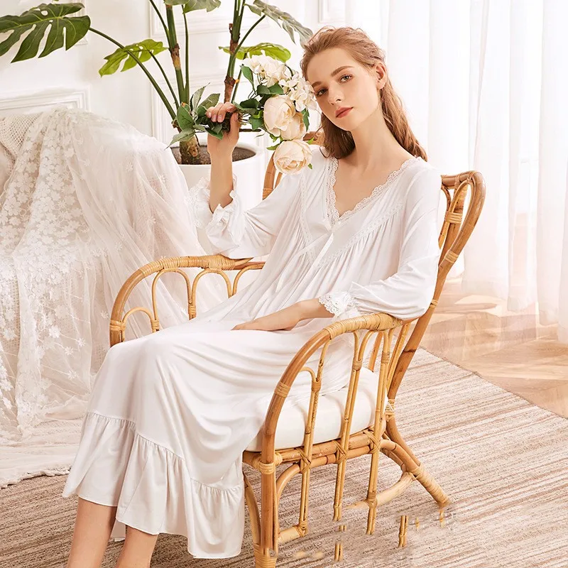 

Female Long Nightdress Vintgae Court Style Princess Nightgown Sleepshirt Spring Summer Modal Sleepwear Casual Sweet Home Dress