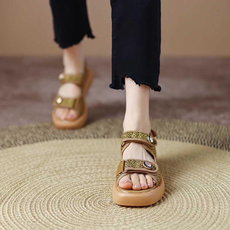 

New 2022 Women Shoes Sandals Genuine Leather Roman Flat with Shoes Leather Med Shoes Casual Solid 4cm Cow Leather Shoes
