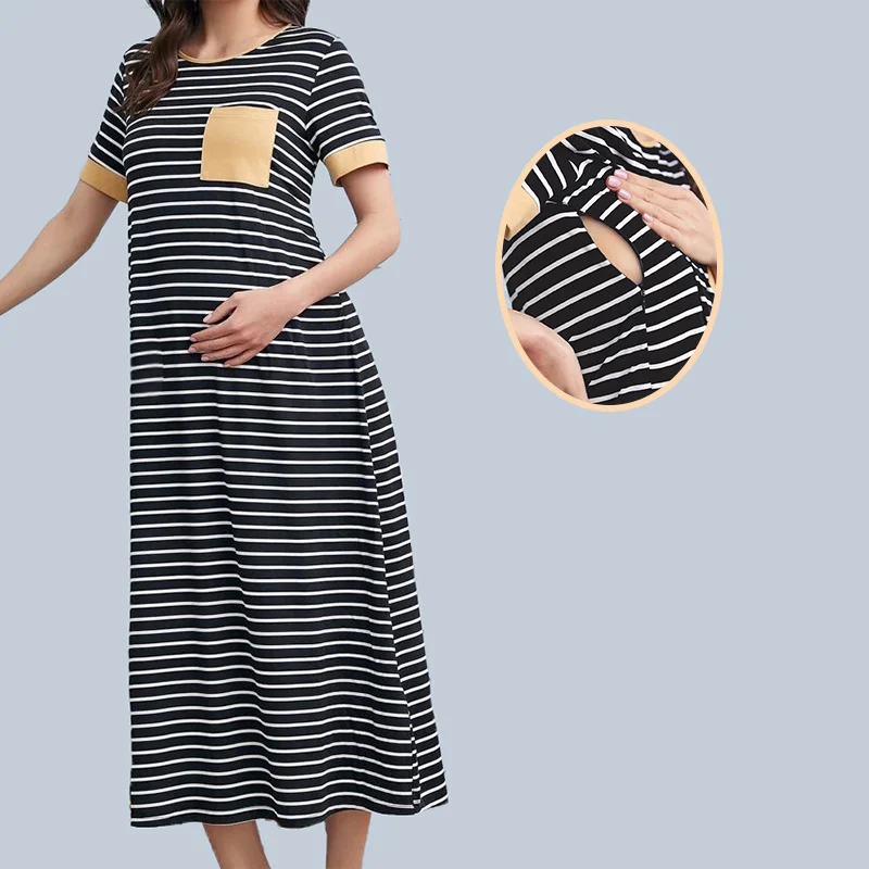 YUQIKL Women Maternity Dresses Summer Casual Cotton Stripes Short Sleeve Pocket Pregnancy Nursing Breastfeeding Clothes enlarge