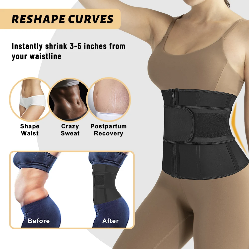 Atbuty Latex Waist Trainer 9 Steel Bones Women Cincher Tummy Slim Corset with Zipper Gridle Trimmer Belt Model Strap Body Shaper