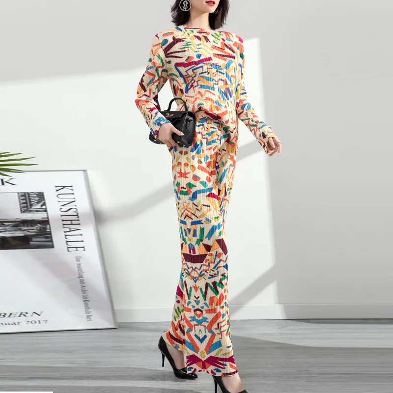 

Miyake плиссированный повседневный костюм с принтом для женщин 2022 Весна Новая мода Высокая талия Большой размер драпированные широкие брюки + ...