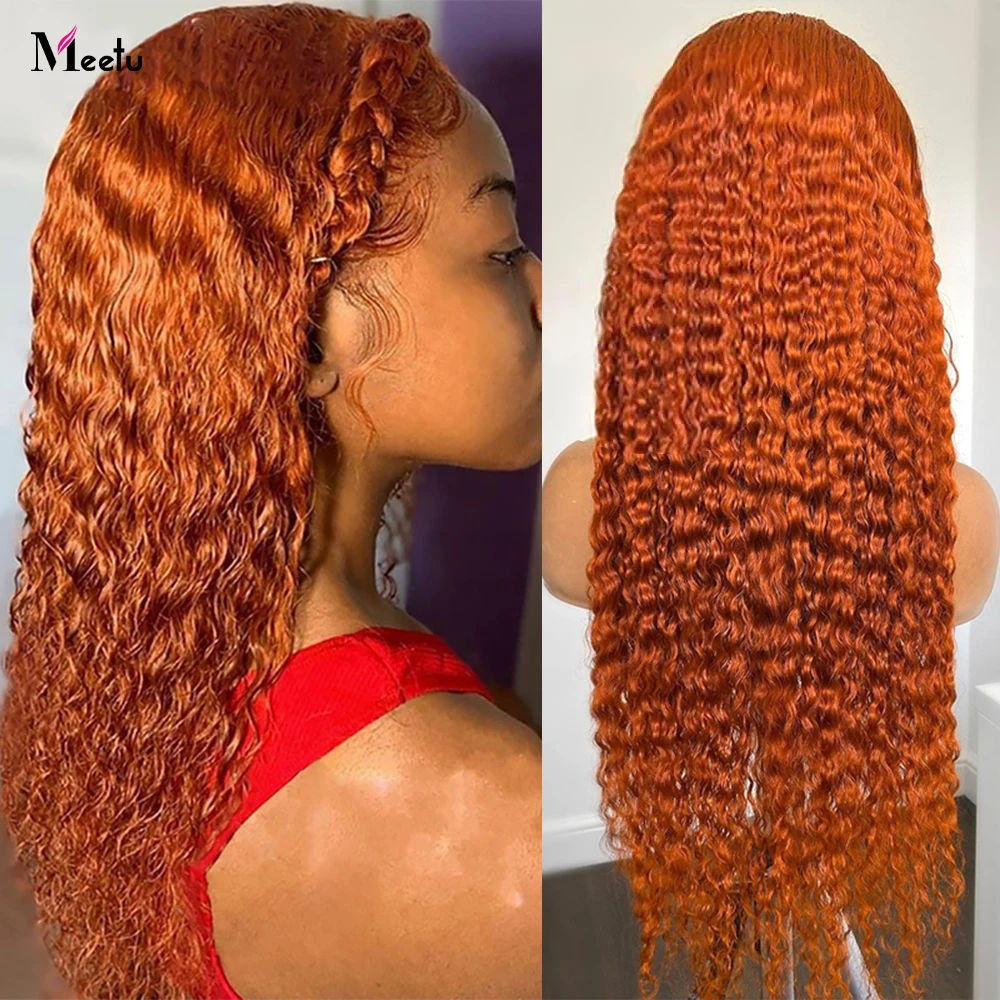 Meetu Ginger Curly Human Hair Wigs 13x4 Transparent Lace Front Wig Glueless Brazilian Remy Deep Curly Closure Wig For Women