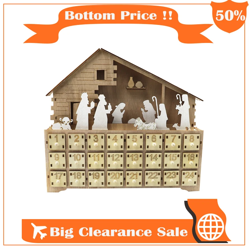 

Nativity Manger Scene Wooden Advent Calendar Battery-Operated LED Lighted Christmas Countdown Ornament with Drawers Box Xmas