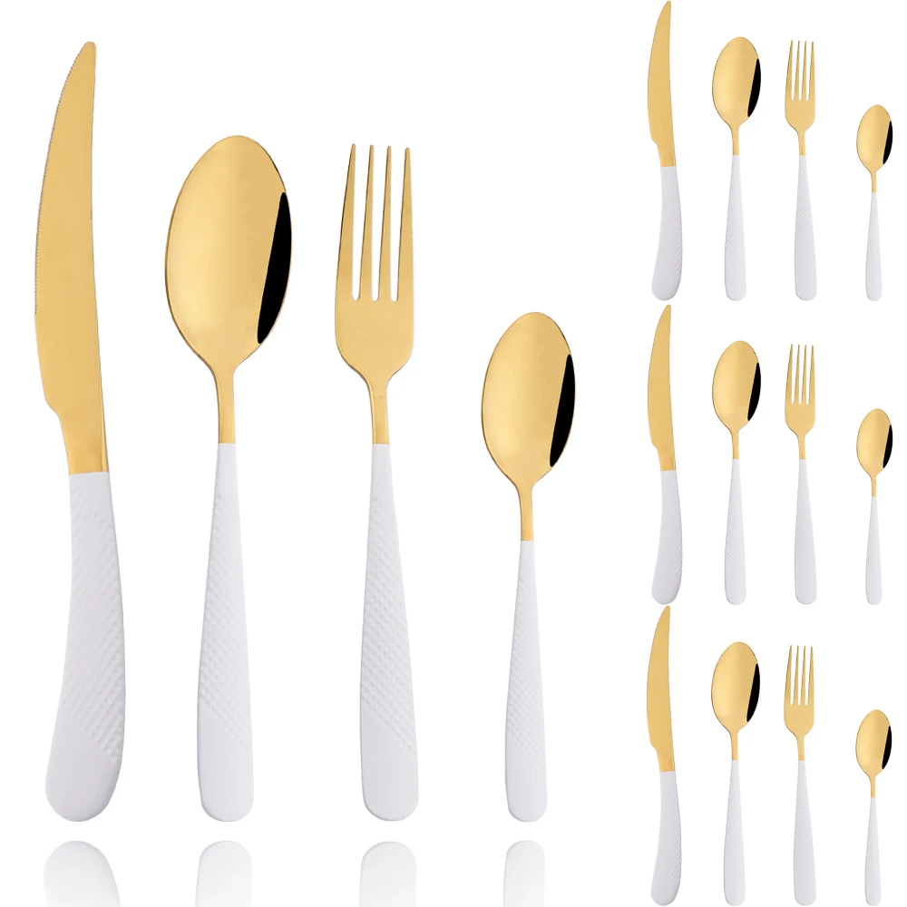 

Набор столовых приборов из нержавеющей стали с белой ручкой, комплект из 16 приборов золотого цвета, нож, вилка, чайная ложка, кухонные принад...