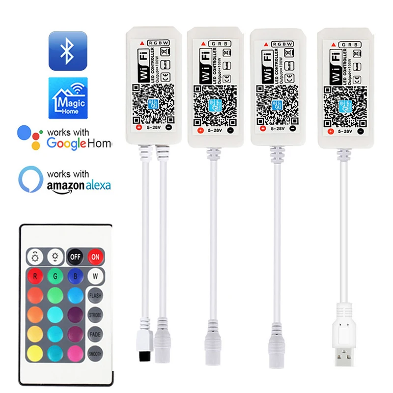 

Magic Home WIFI LED Controller DC 5V 12V 24V 5050 5630 3528 RGB RGBW RGBWW LED Dimmer With 24Key Remote Control for Alexa Google