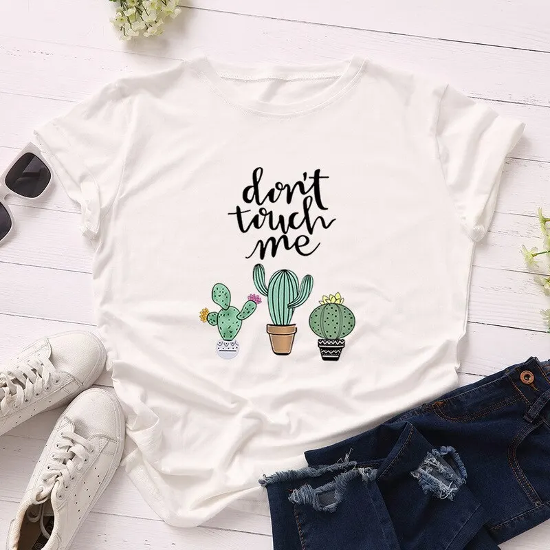 

Summer Cotton Women T Shirts Cactus Don't Touch Me Short Sleeves Ladies Regular Tees Tops Casual Round Neck Female T-Shirts