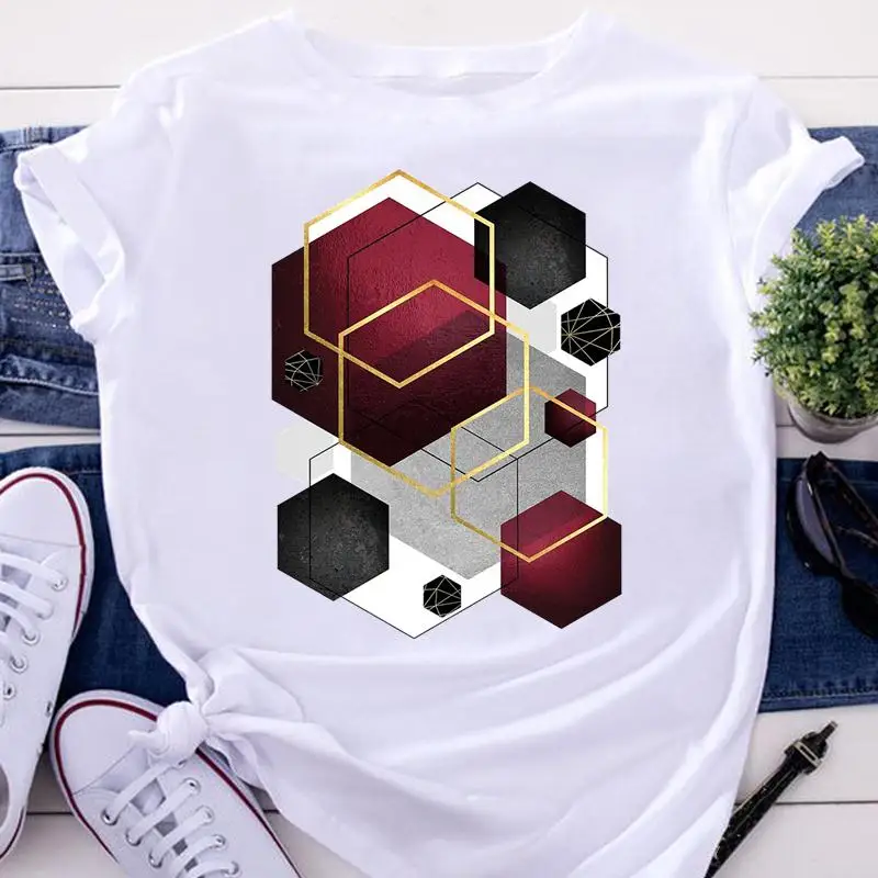 

Футболки женские с абстрактным геометрическим рисунком, милые топы, женская летняя модная женская одежда с мультяшным рисунком, футболки с ...