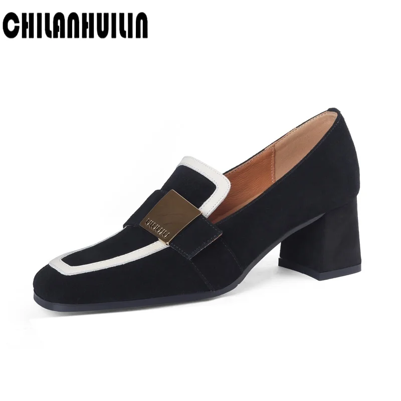

high heels cow-suede leather women pumps fashion metal buckle square toe shoes woman nude pumps party basic office lady shoes