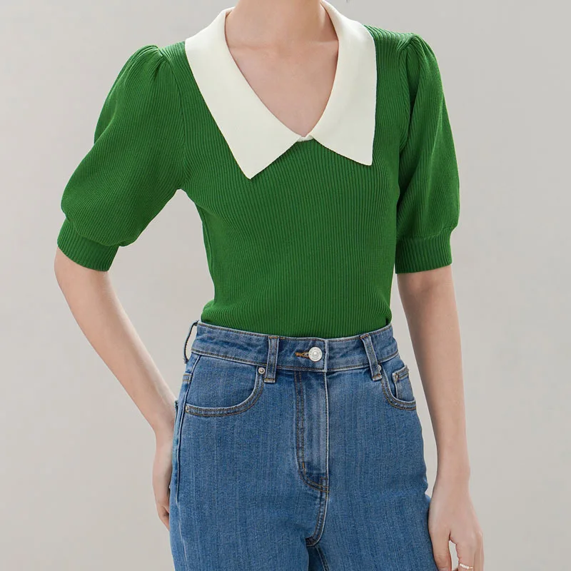 Шикарный хитовый цвет вязаный пуловер с воротником Питер Пэн летние пышные