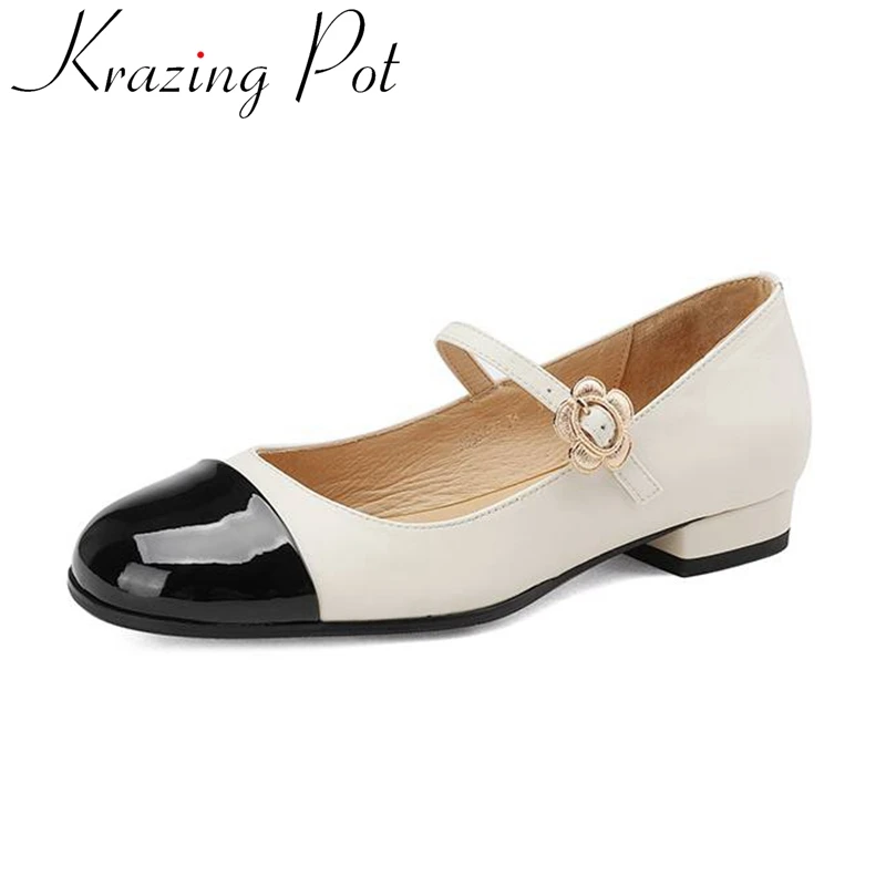 

Туфли Krazing Pot из коровьей спилковой кожи с круглым носком на низком каблуке, туфли-лодочки Мэри Джейн большого размера с милым цветочным укра...