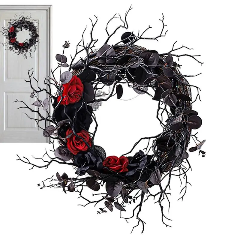 

Halloween Wreath Spooky Black Wreath Eucalyptus Twig Red Rose Door Hanger Halloween Garland Decorations For Home Party Props