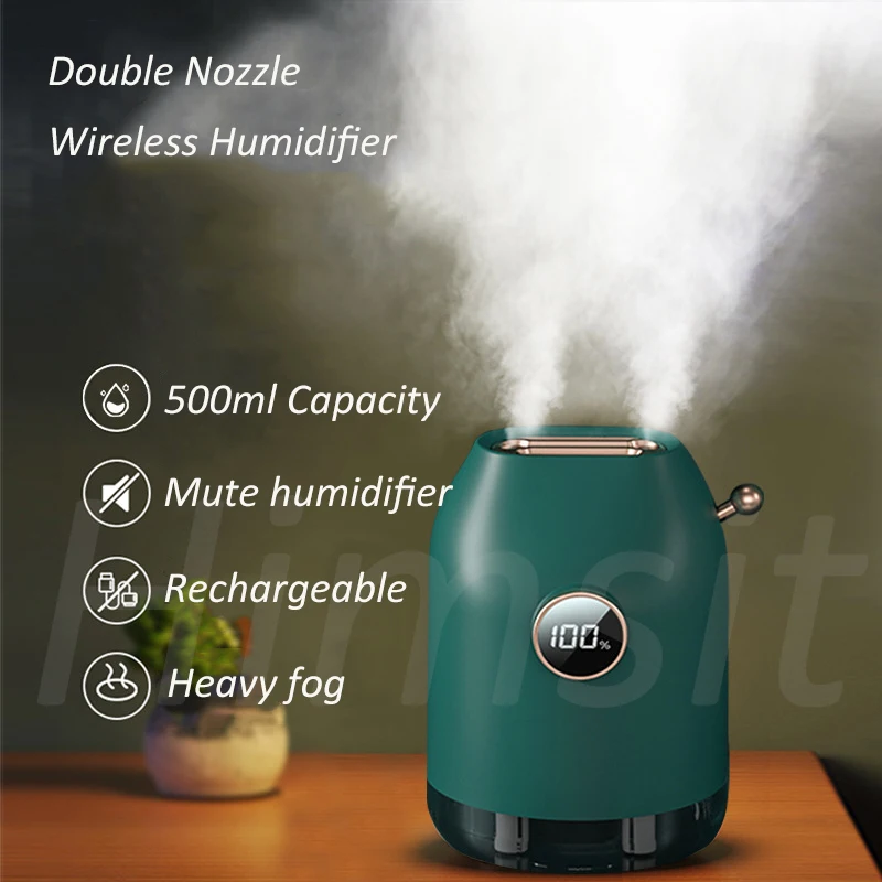 

500ml Wireless Double Nozzle Humidifier Air Mist Maker Rechargeable 4000mAh Battery Ultrasonic Aroma Diffuser Mute Humidificador