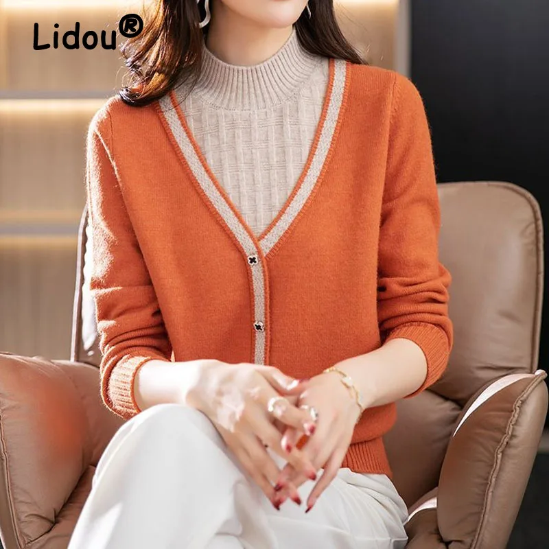 

Knitted False Two-piece Women Top Half Height Collar Color Contrast Thick Black Three Button Korean Style Sweaters Patchwork