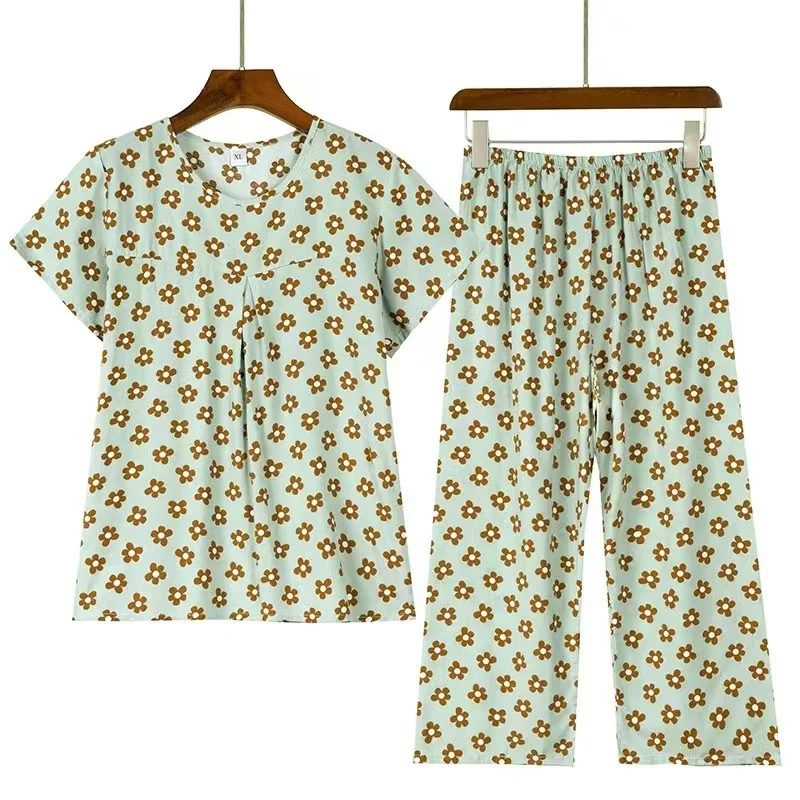 Fdfklak Short-sleeved Middle-aged Summer Cotton Pajamas Suit Ladies Big Size Two-piece Mother's Home Clothes Pijama Mujer XL-3XL
