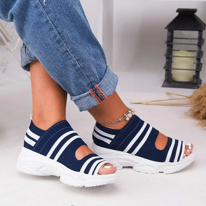 

Women Sandals High Heels Platform Woman Shoes 2022 Summer New Female Flats Knitting Slip on Peep Toe Casual Ladies Sandals