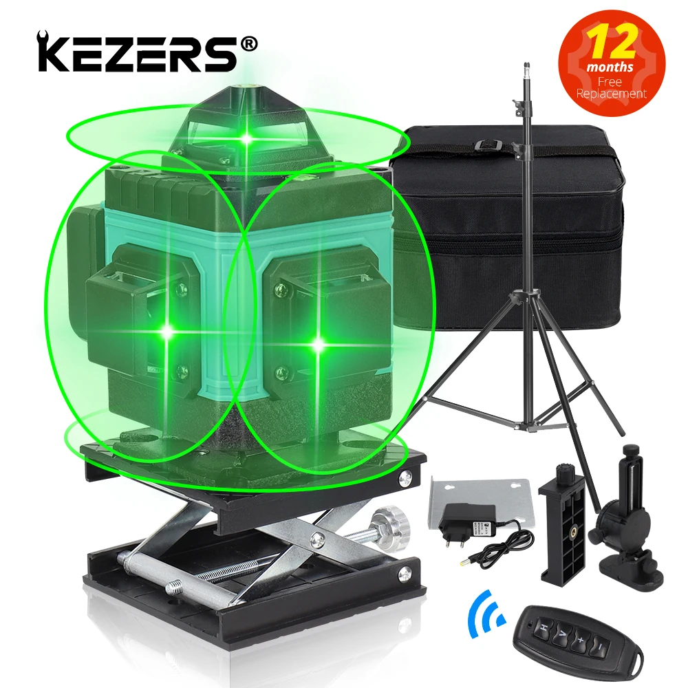 KEZERS-nivel láser 4D, herramienta de nivelación de 16 líneas, luz verde, 360...