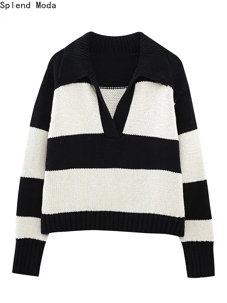 

TRAF 2023 Women Spring Fashion Young Style Striped Knitted Pullovers Loose Sweater Casual Long Sleeve Jumpers Chic Knitwears