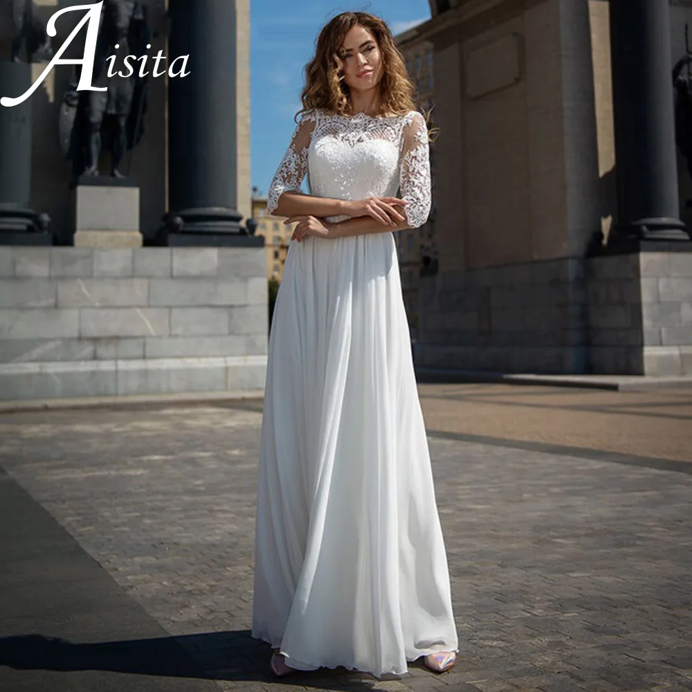 

Vintage O Neck A Line Wedding Dress Half Sleeves Pleats Bridal Gown Lace Appliques Open Back Boho Illusion Vestidos De Novia