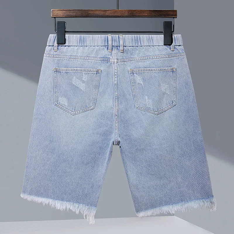 2023 New Little Cow Summer Elastic Elastic Waist Men's Denim Shorts Loose High Elastic Comfortable Mid-waist Denim Mid-pants