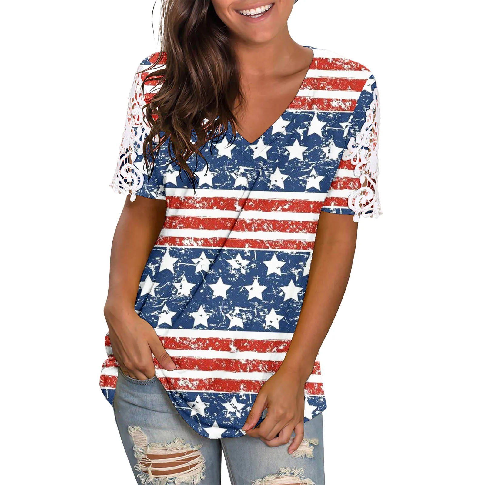 

striped printing summer Women t-shirts Hollow Out Fashion Printing Short Sleeves V Neck T Shirt girl blusas Tops striped Floral