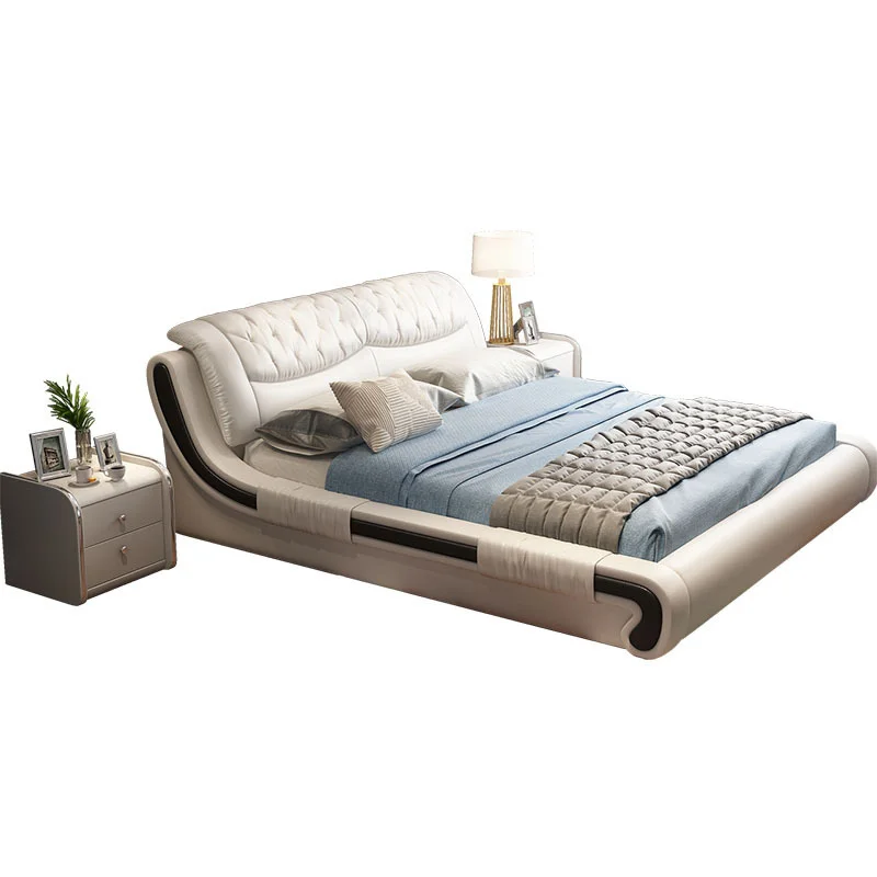 Luxury Leather Double Bed S-shape Soft Bed