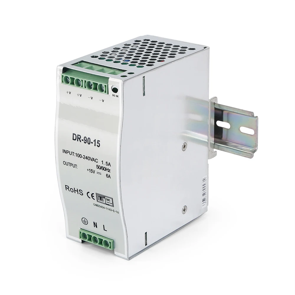 Фото Блок питания на DIN-рейку 90W 15V 6A DR-90-15 AC100-240V для LED-освещения, систем видеонаблюдения, домофонов, с защитой от перегрузки, CE RoHS №4