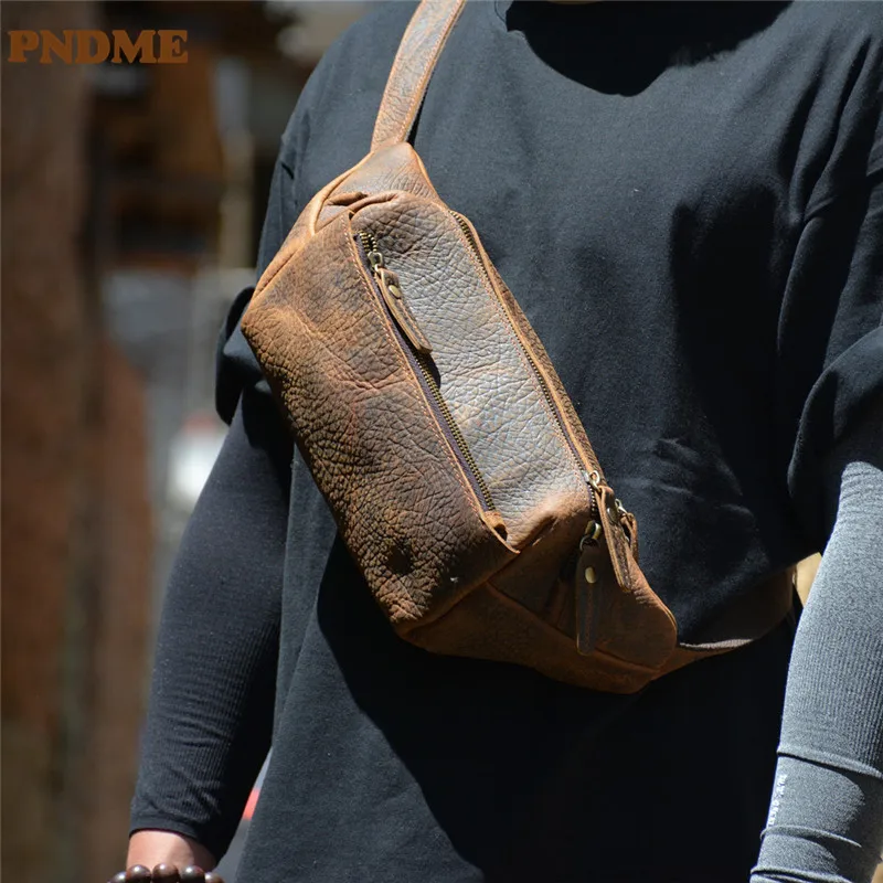 PNDME vintage genuine leather men's chest bag casual fashion luxury real cowhide cross-body bag daily motorcycle shoulder bag