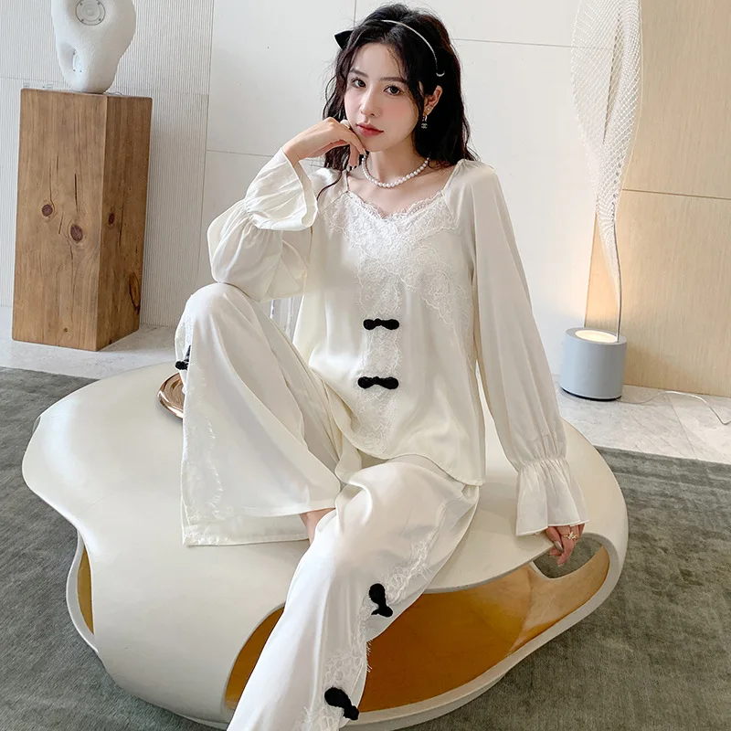 

Новые весенние и осенние пижамные комплекты с длинными рукавами для женщин, Новая китайская женская домашняя одежда из ледяного шелка, атласная пижама для женщин, оптовая продажа