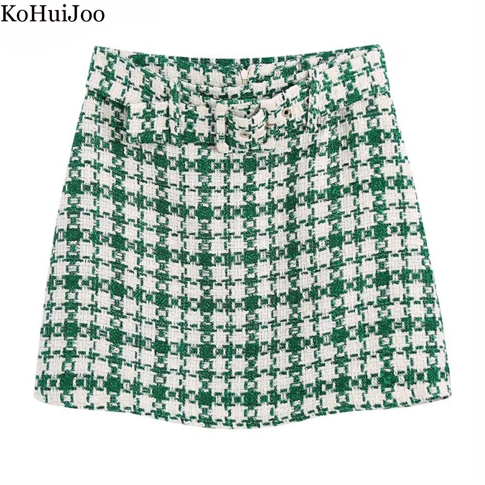 

KoHuiJoo Tweed Skirt Women Above Knee High Waist Skirt Woman Casual Plaid Skirt With Belt Spring Autumn Fashion