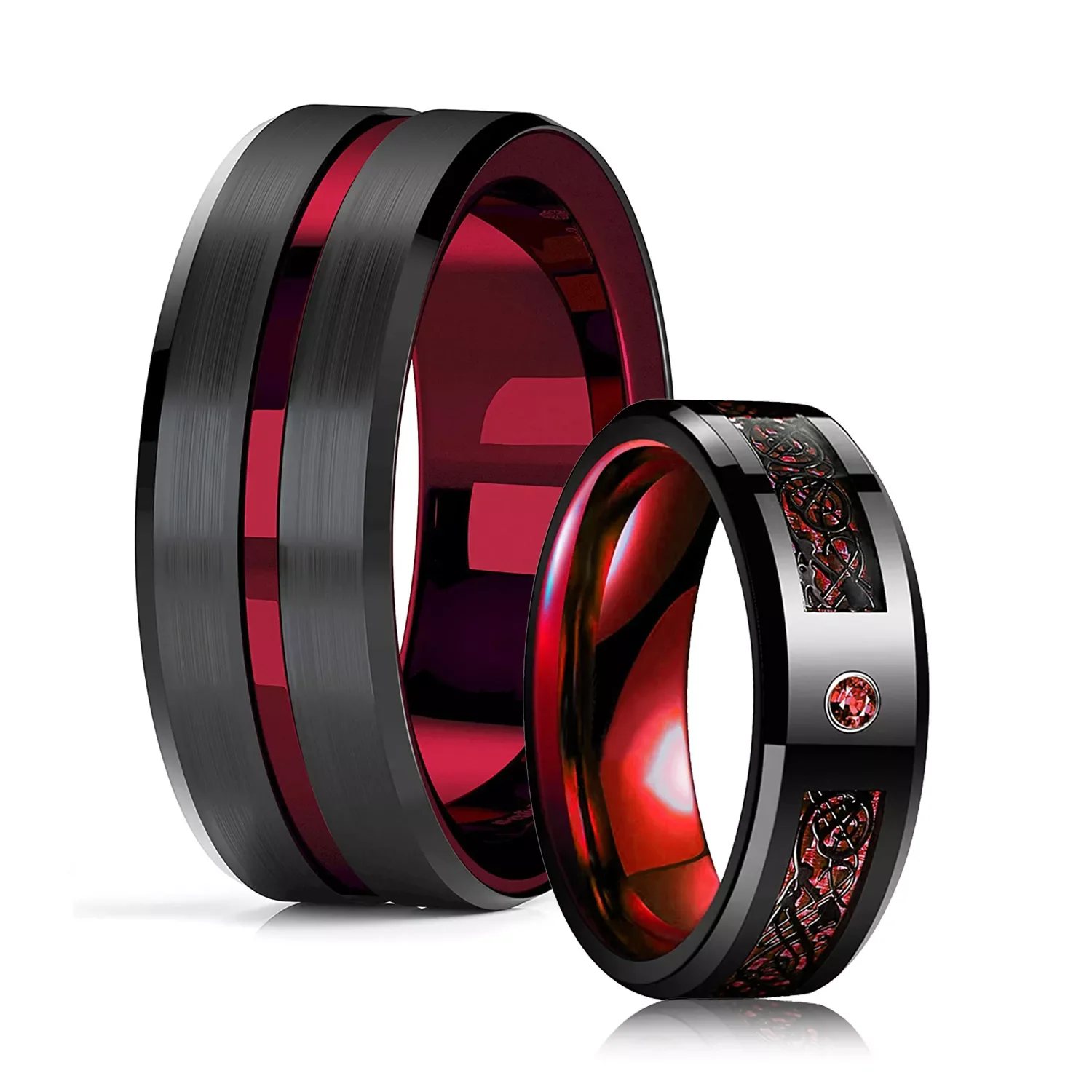 

8mm Men Red Groove Beveled Edge Stainless Steel Celtic Dragon Ring Zircon Inlay Red Carbon Fibre Ring Men Wedding Band