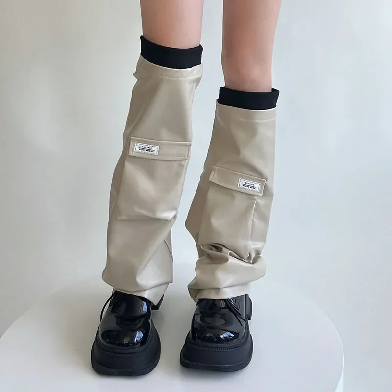 

Socks Winter Punk Slouch Cuffs Print Knee Socks Autumn Flap Women's Style High Boot Warmers Leg Leather Japanese Pocket