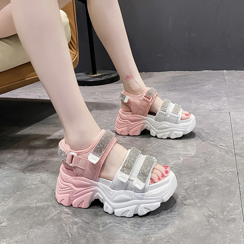 Chunky Platform Bling Sandals Women New 2022 High Heels Sexy Hook Loop Sandals Wedge Sneakers 8CM Ladies Beach Summer Sandalias