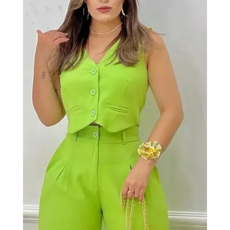 Set Casual Two Piece Suit Sets Women Outfits Set Summer Outwear 2023 Women Sleeveless Buttoned V-neck Crop Top High Waist Pants