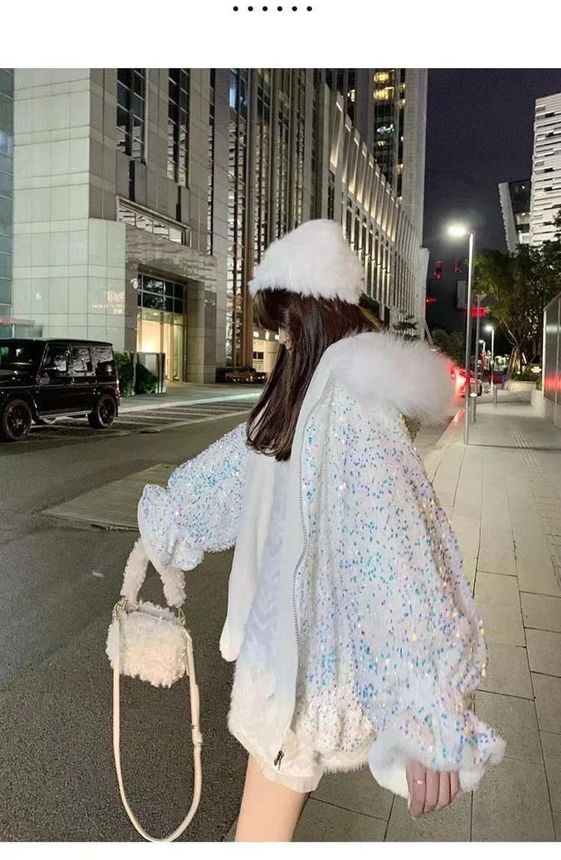 Big fur collar fried street sequined cotton clothing women's winter plus velvet thickened fox fur imitation rabbit fur coat tide
