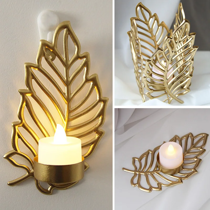 Hollow Out Leaf Shped Gold Color Christmas Iron Candlestick Atmosphere Ornaments Tabletop Festival Party Decorative Supplies