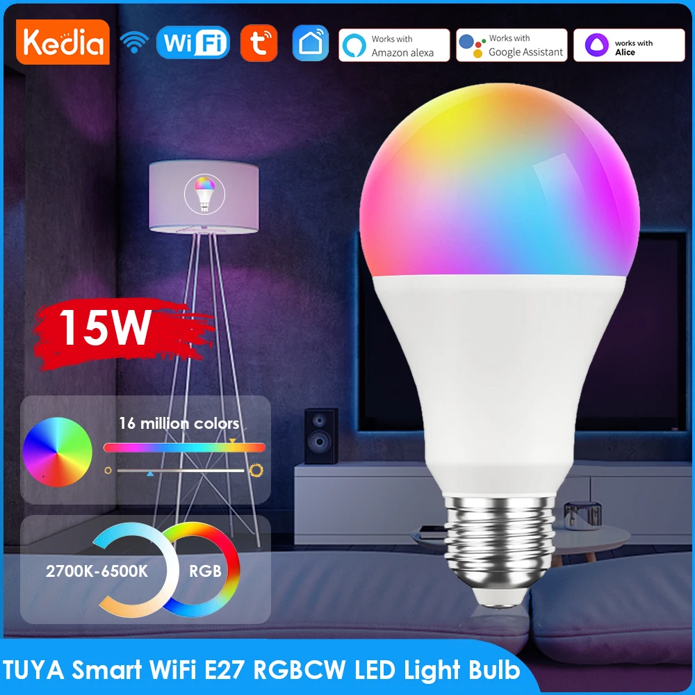

TUYA E27/B22 Smart LED Light Bulb RGB C W 15W 9W Lamp WiFi Smart Lightbulbs Support Alexa Google Home Yandex Alice Dimmable Bulb