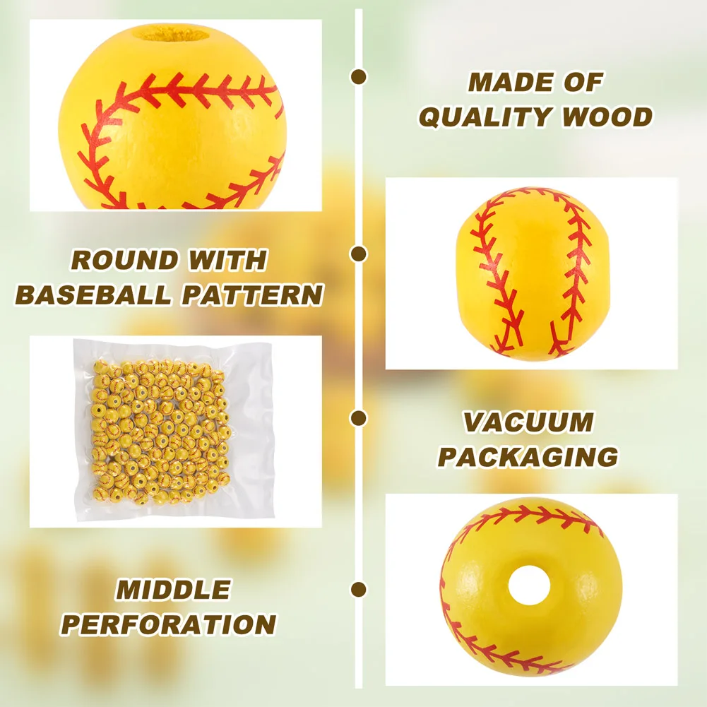 100Pcs Sports Baseball Pattern Wood Beads Wooden Ball Loose Bead Spacer Charms For Bracelet Necklace DIY Jewelry Making Supplies