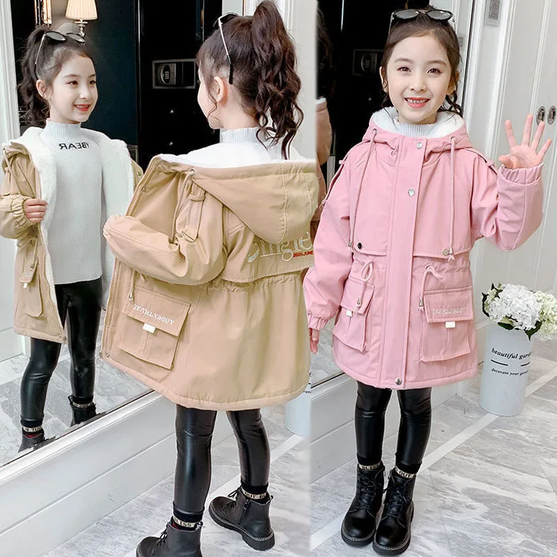 

2022 Winter Girls Pike Jacket Solid Color Lining Plus Velvet Thicken Cold Protection Hooded Down Cotton Windbreaker Coat