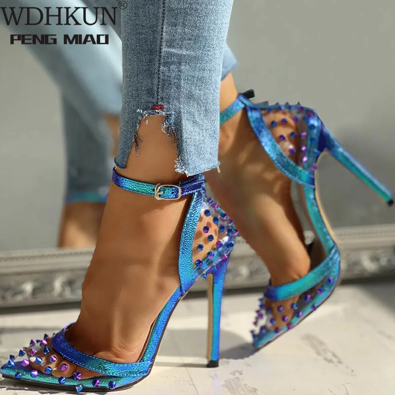Women Party High Heels Stiletto Pointed-Toe Ankle Strap Shoes multicolor Sandals 